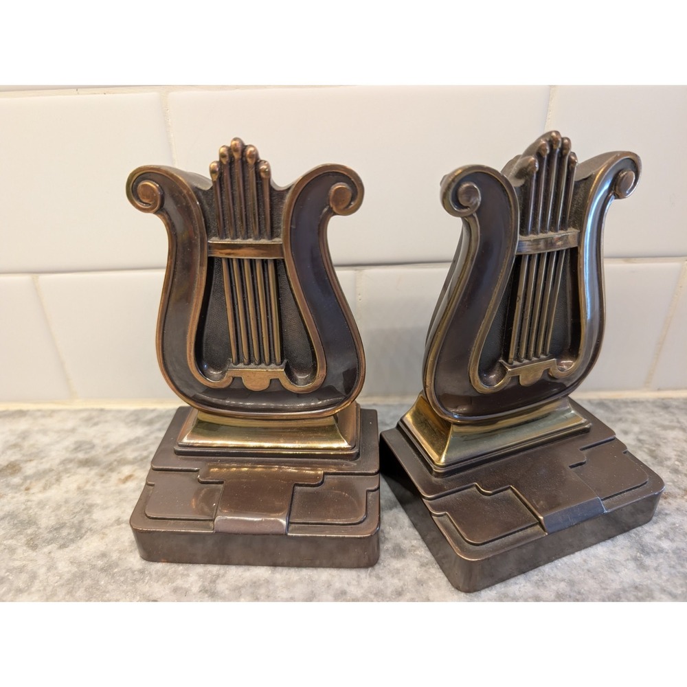 PAIR BRASS PLATED METAL LYRE HARP BOOKENDS PHILADELPHIA MANUFACTURING CO. (PMC)